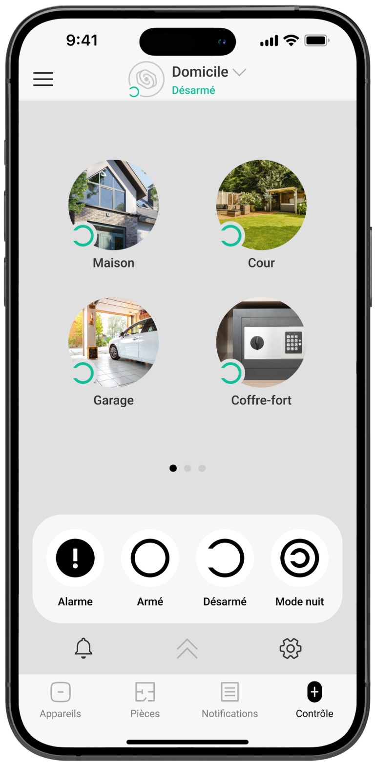Interface d'application mobile présentant des options de navigation pour la maison.