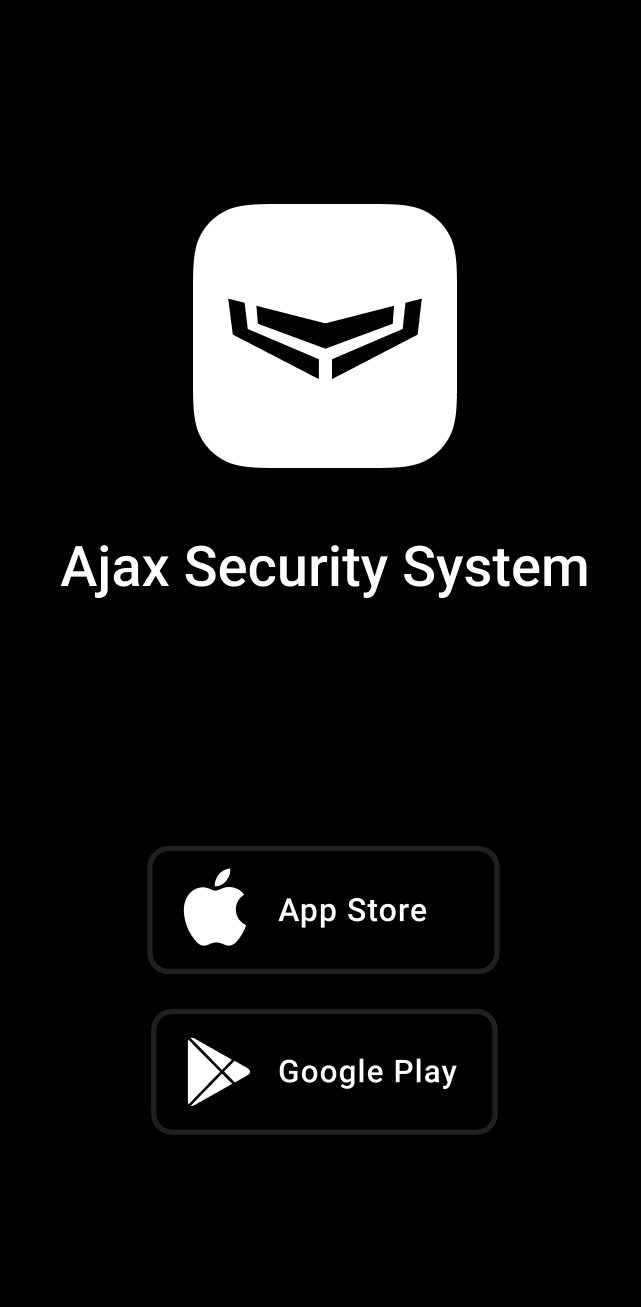 Logo d'Ajax Security System avec options de téléchargement sur l'App Store et Google Play.